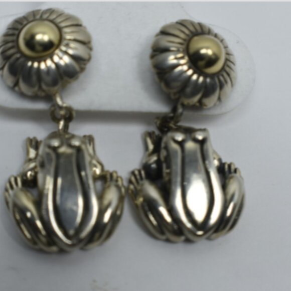 Kieselstein Cord Frog Flower Earrings 14K Gold & Sterling Silver Pierced - Picture 1 of 3